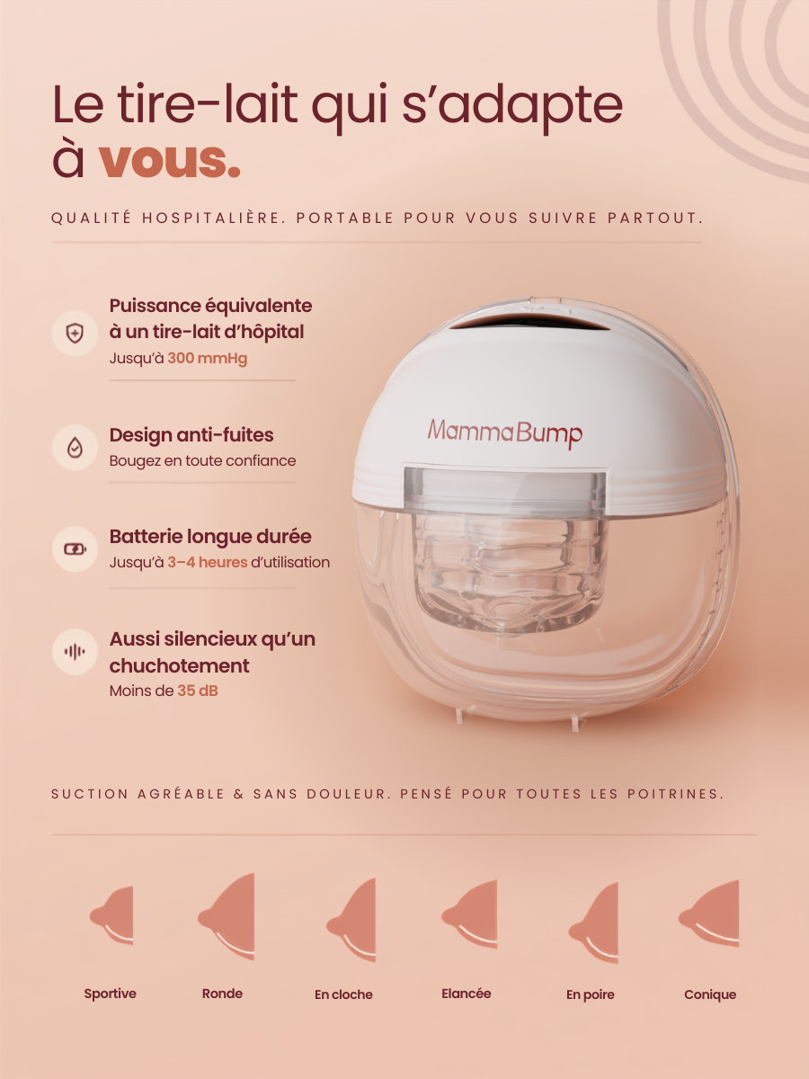 Tire-lait portable Luna de MammaBump avec aspiration jusqu’à 300 mmHg, design anti-fuites, autonomie de 3 à 4 heures et niveau sonore inférieur à 35 dB
