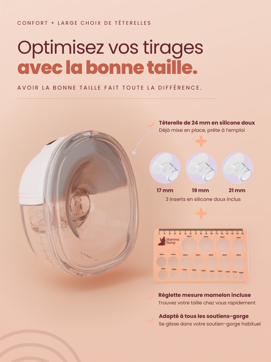Tire-lait portable Luna avec téterelle de 24 mm, inserts de 17, 19 et 21 mm et réglette de mesure du mamelon