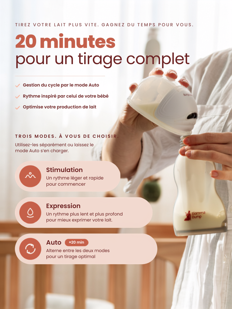 Maman versant le lait recueilli avec le tire-lait Luna, doté de trois modes : stimulation, expression et cycle automatique de 20 minutes