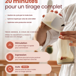 Maman versant le lait recueilli avec le tire-lait Luna, doté de trois modes : stimulation, expression et cycle automatique de 20 minutes